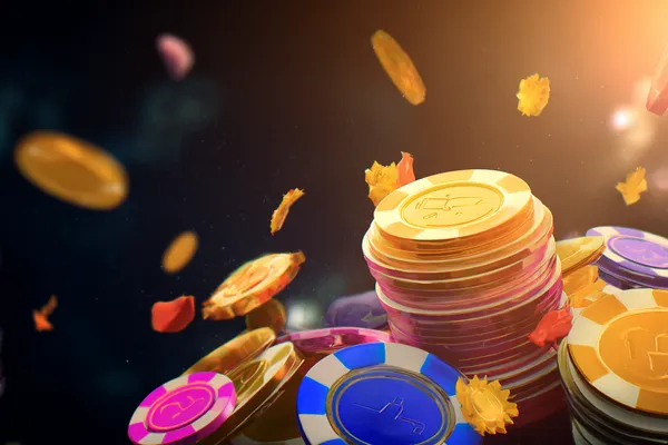 A glamorous woman holding casino chips in a neon-lit environment, representing the premium online casino atmosphere of 8777BEF.