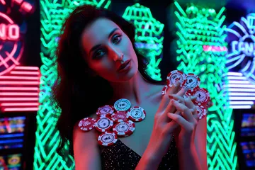 A stylish woman beside vibrant slot machines displaying glowing sevens, showcasing the variety of top slots at 8777BEF.